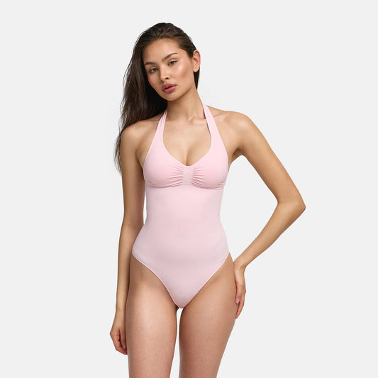 Halterneck Bodysuit Sculpting Shapewear met geïntegreerde pads met slip